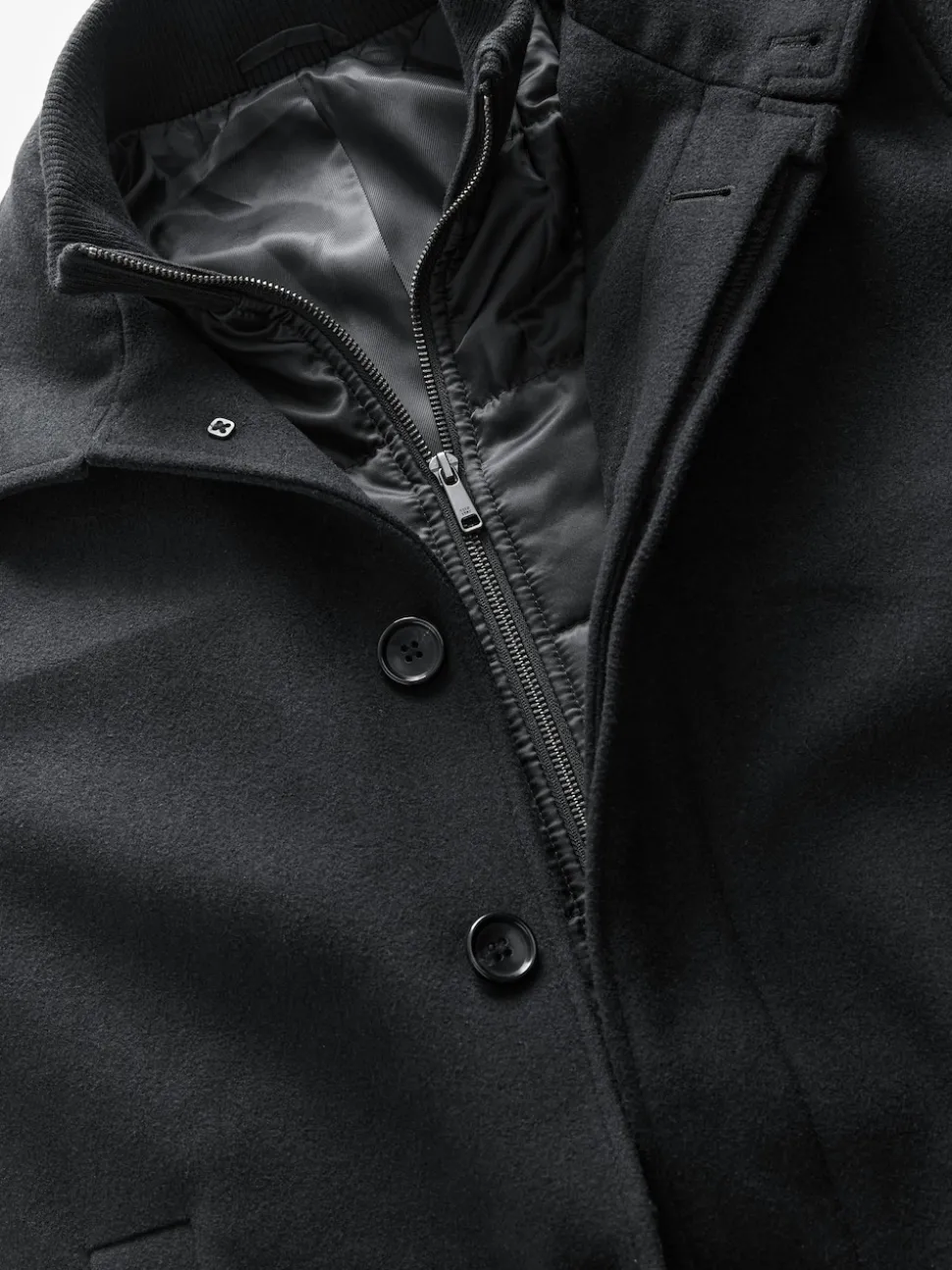 Black Wool Blend Mock Gilet Herringbone Padded Coat