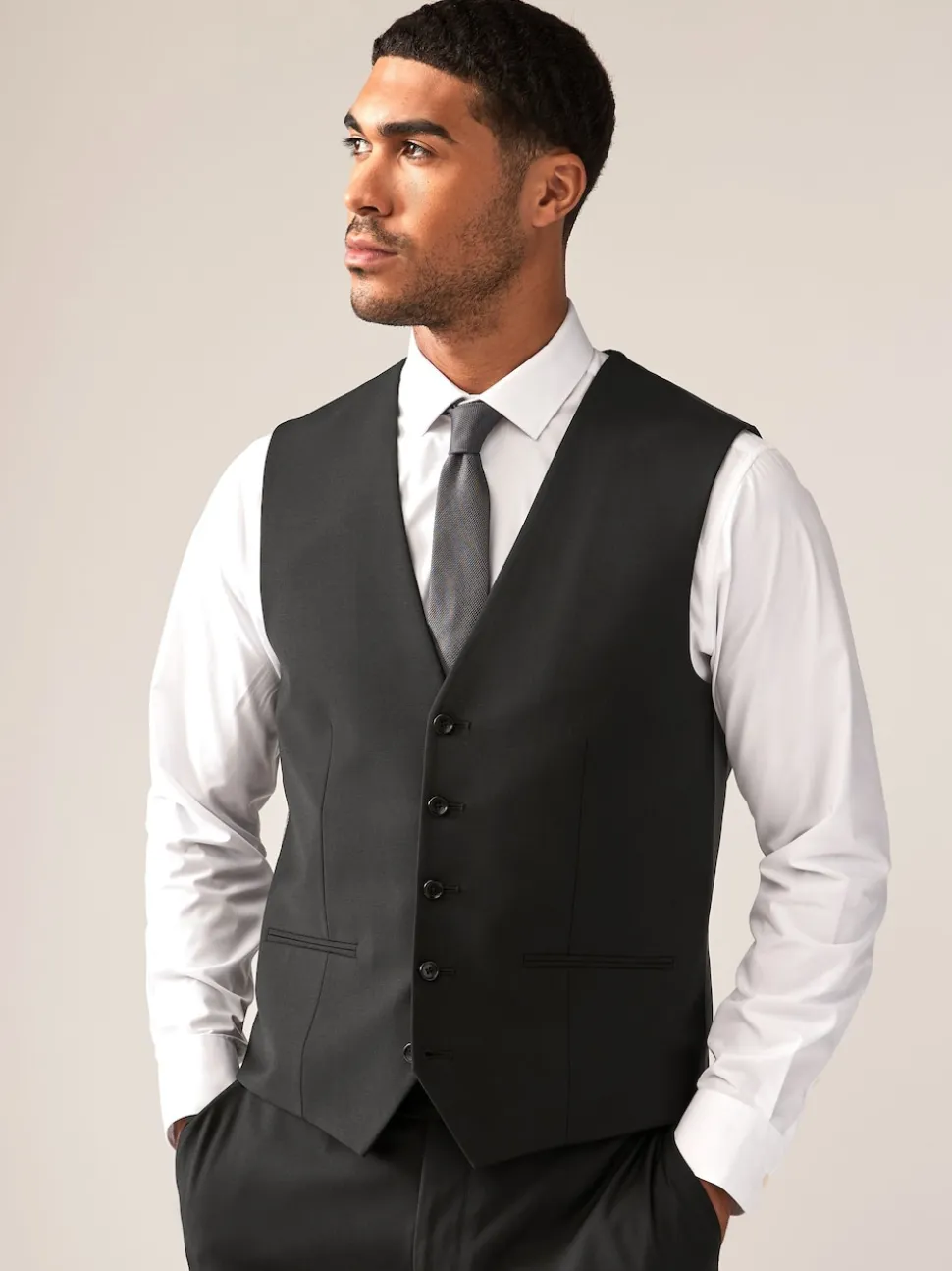 Black Wool Blend Motion Flex Suit Waistcoat