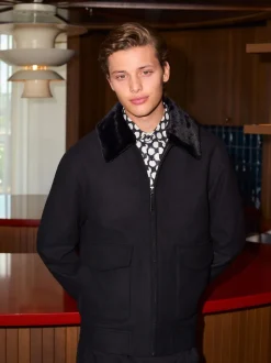 Black Wool Blend Twill Jacket with Removable Faux Fur Collar