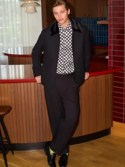 Black Wool Blend Twill Jacket with Removable Faux Fur Collar