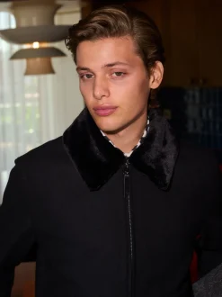 Black Wool Blend Twill Jacket with Removable Faux Fur Collar