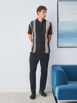 Black/Brown Vertical Stripe Quarter Zip Polo Shirt