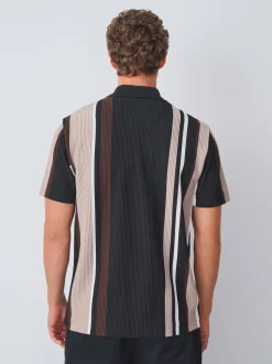 Black/Brown Vertical Stripe Quarter Zip Polo Shirt