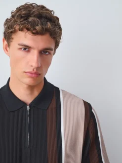 Black/Brown Vertical Stripe Quarter Zip Polo Shirt