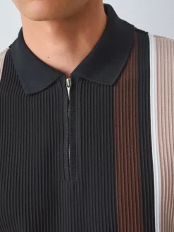 Black/Brown Vertical Stripe Quarter Zip Polo Shirt