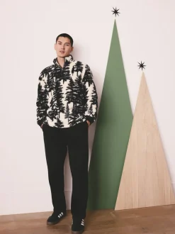 Black/Cream Tree Print Matching Family Zip Neck Borg Fleece