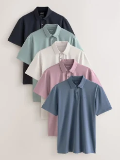Black/Ecru/Blue/Green/Pink Regular Fit Short Sleeve Jersey Polo Shirts 5 Pack