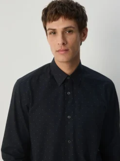 Black/Gold Regular Fit Long Sleeve Embroided Print Smart Shirt