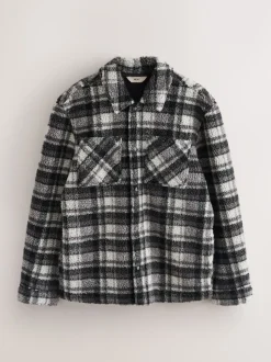 Black/Grey Black/White Check Printed Fleece Popper Shacket