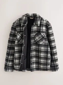 Black/Grey Black/White Check Printed Fleece Popper Shacket