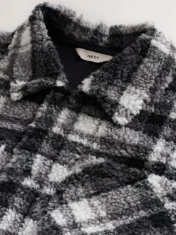 Black/Grey Black/White Check Printed Fleece Popper Shacket