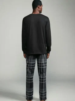 Black/Grey Check Long Sleeve 100% Cotton Pyjamas Set