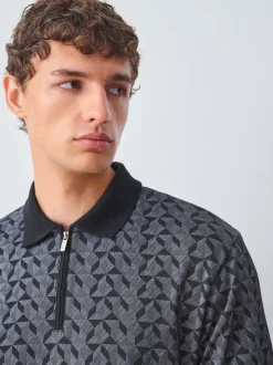 Black/Grey Geo Pattern Quarter Zip Polo Shirt