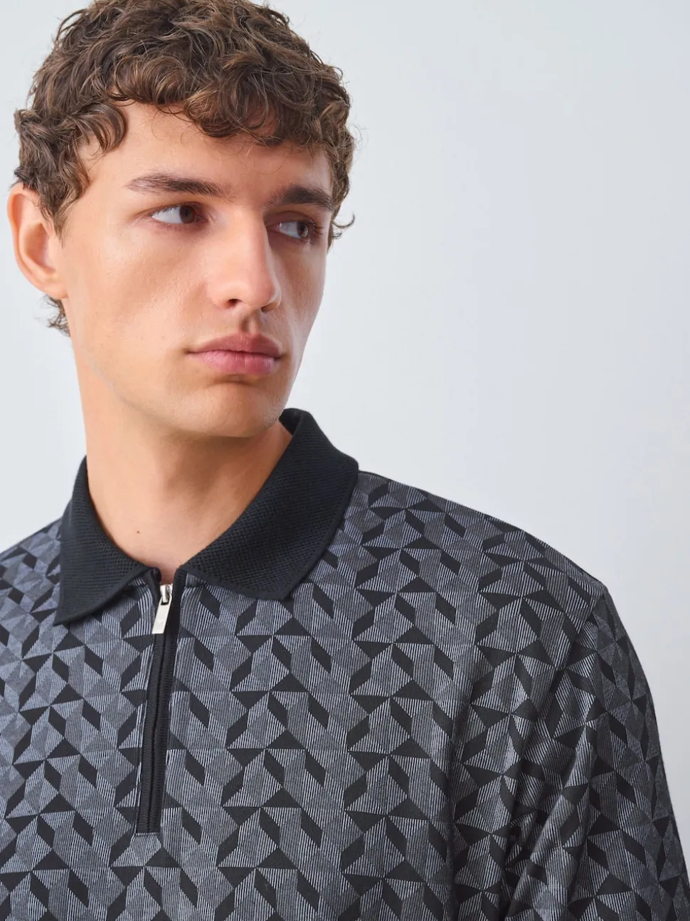 Black/Grey Geo Pattern Quarter Zip Polo Shirt