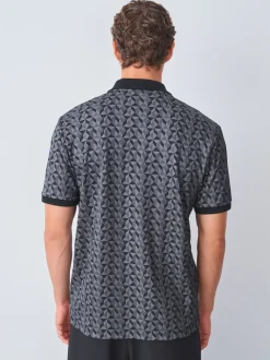 Black/Grey Geo Pattern Quarter Zip Polo Shirt