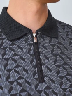 Black/Grey Geo Pattern Quarter Zip Polo Shirt