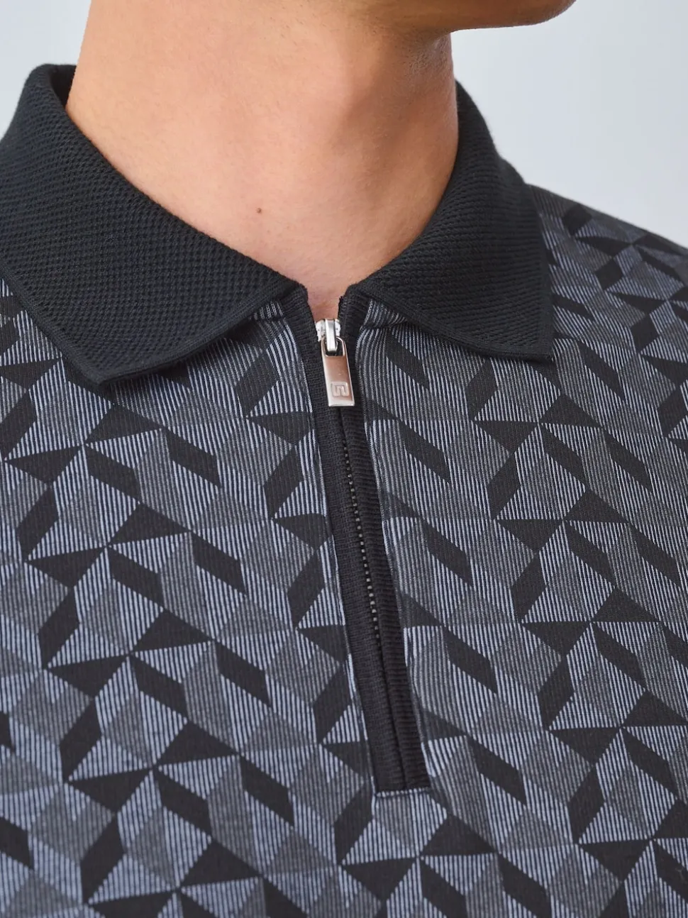 Black/Grey Geo Pattern Quarter Zip Polo Shirt