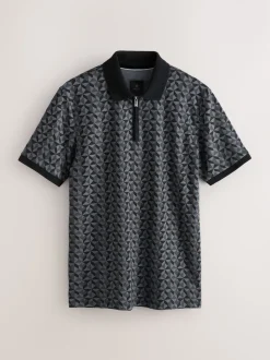 Black/Grey Geo Pattern Quarter Zip Polo Shirt