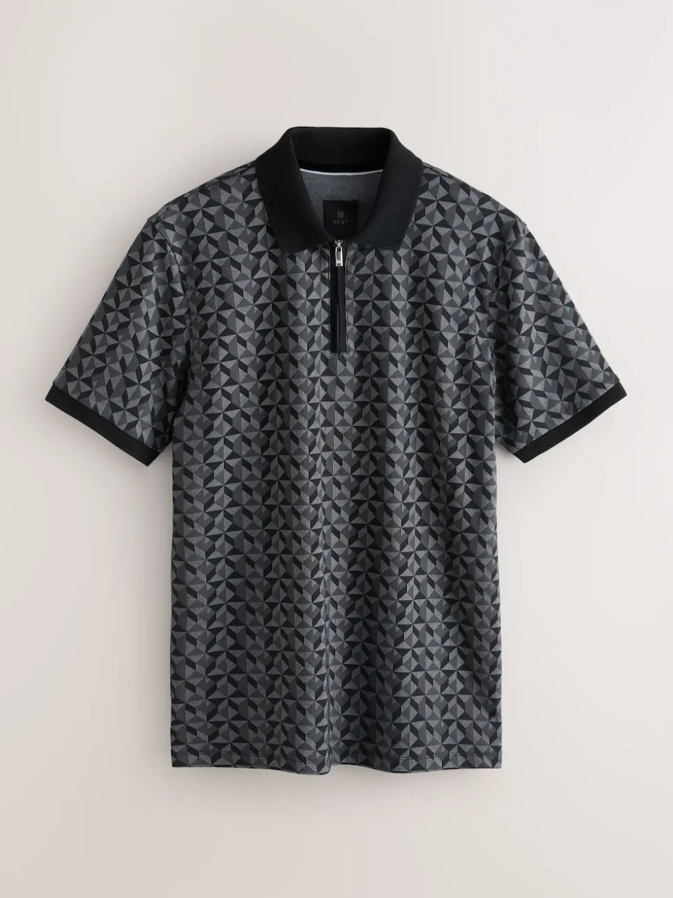 Black/Grey Geo Pattern Quarter Zip Polo Shirt