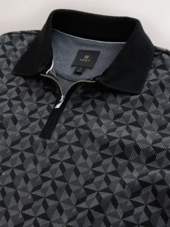 Black/Grey Geo Pattern Quarter Zip Polo Shirt