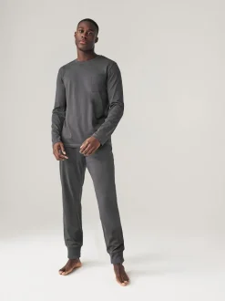 Black/Grey Long Sleeve Cuffed 100% Cotton Pyjamas 2 Pack