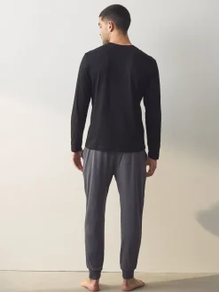 Black/Grey Long Sleeve Cuffed 100% Cotton Pyjamas