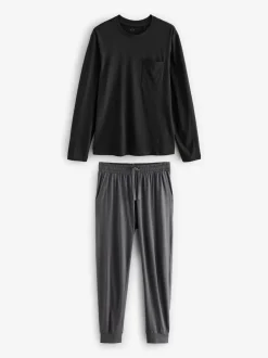 Black/Grey Long Sleeve Cuffed 100% Cotton Pyjamas