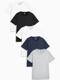 Black/Grey Marl/White/Navy Slim Fit 100% Cotton Layering T-Shirts 5 Pack