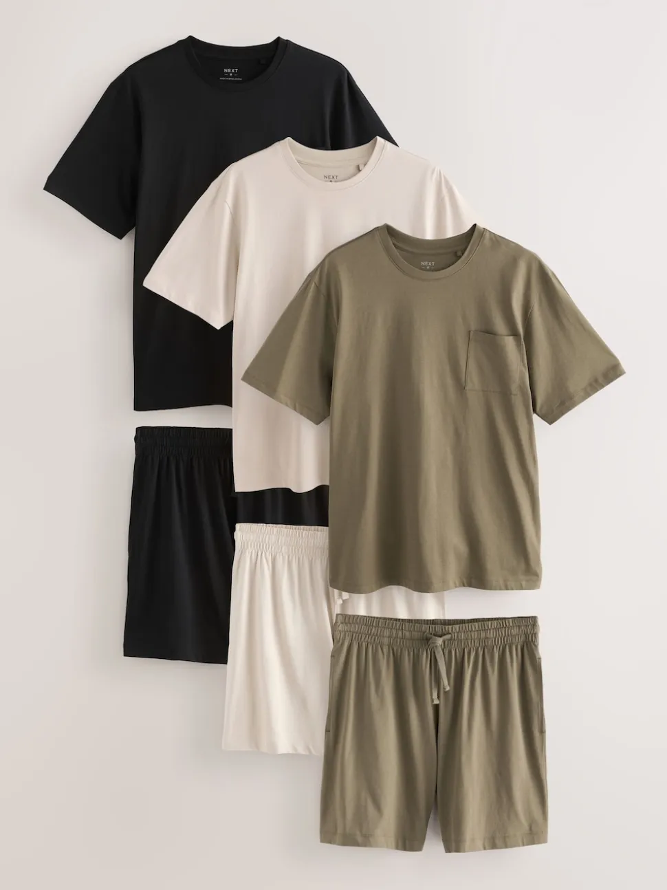 Black/Khaki Green/Ecru Jersey Pyjamas Shorts Set 3 Pack