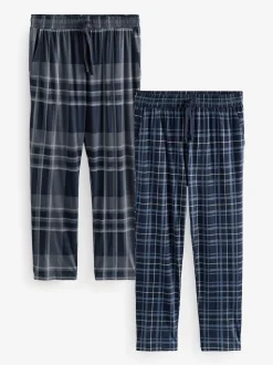 Black/Navy Blue Check Jersey 100% Cotton Pyjama Bottoms 2 Pack