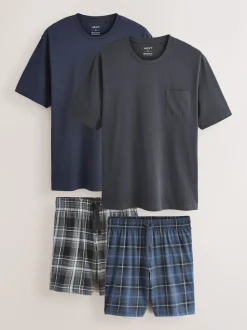 Black/Navy Blue Check Short Sleeve Jersey Pyjamas Set 2 Pack