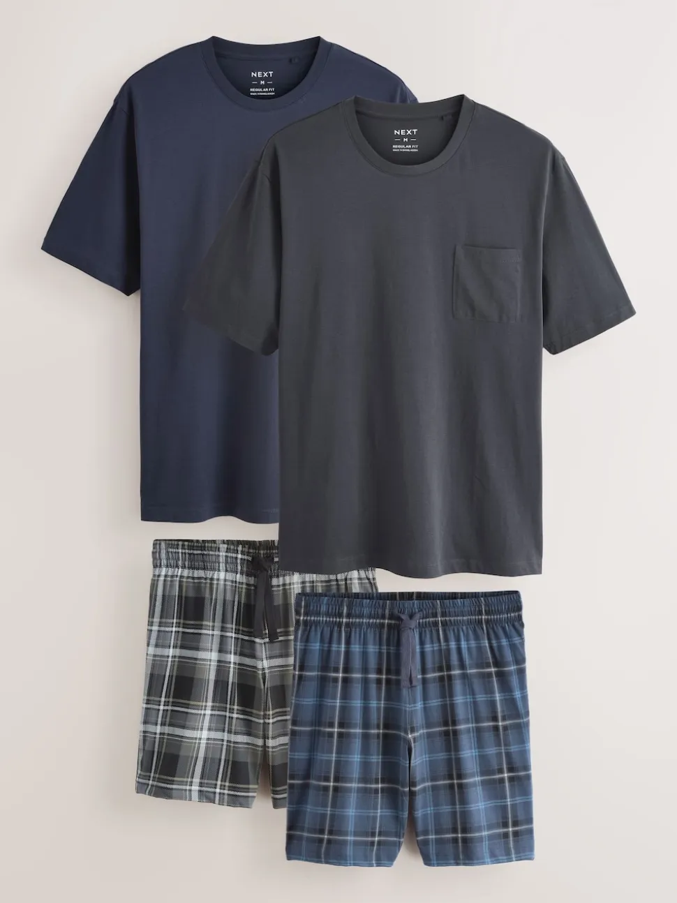 Black/Navy Blue Check Short Sleeve Jersey Pyjamas Set 2 Pack