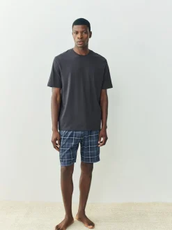 Black/Navy Blue Check Short Sleeve Jersey Pyjamas Set 2 Pack