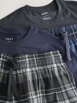 Black/Navy Blue Check Short Sleeve Jersey Pyjamas Set 2 Pack