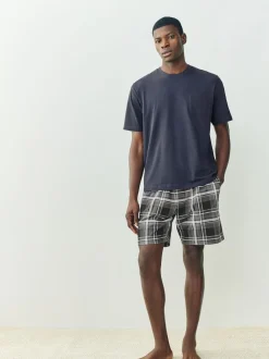 Black/Navy Blue Check Short Sleeve Jersey Pyjamas Set 2 Pack