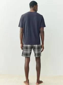 Black/Navy Blue Check Short Sleeve Jersey Pyjamas Set 2 Pack