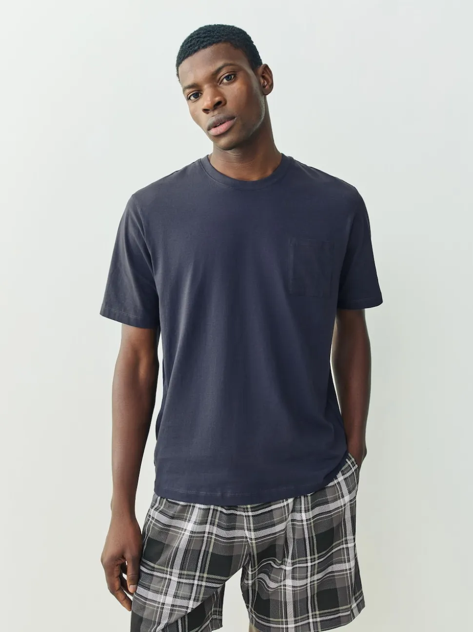 Black/Navy Blue Check Short Sleeve Jersey Pyjamas Set 2 Pack
