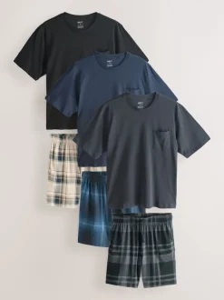 Black/Navy Blue Jersey Check Short Sleeve Pyjamas Set 3 Pack