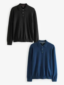 Black/Navy Blue Regular Fit Knitted Long Sleeve Polo Shirts 2 Pack