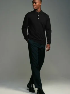 Black/Navy Blue Regular Fit Knitted Long Sleeve Polo Shirts 2 Pack