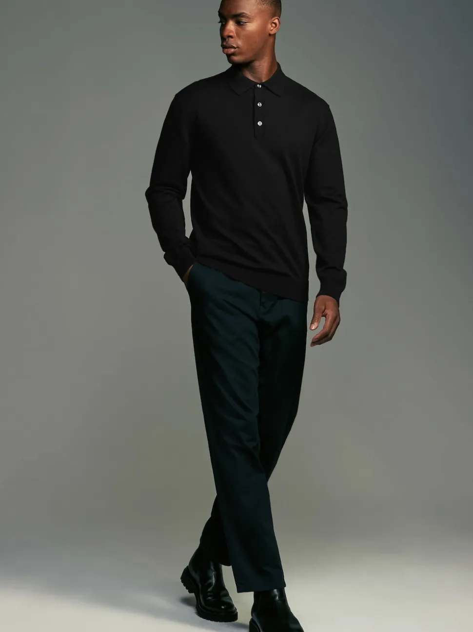 Black/Navy Blue Regular Fit Knitted Long Sleeve Polo Shirts 2 Pack