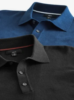 Black/Navy Blue Regular Fit Knitted Long Sleeve Polo Shirts 2 Pack