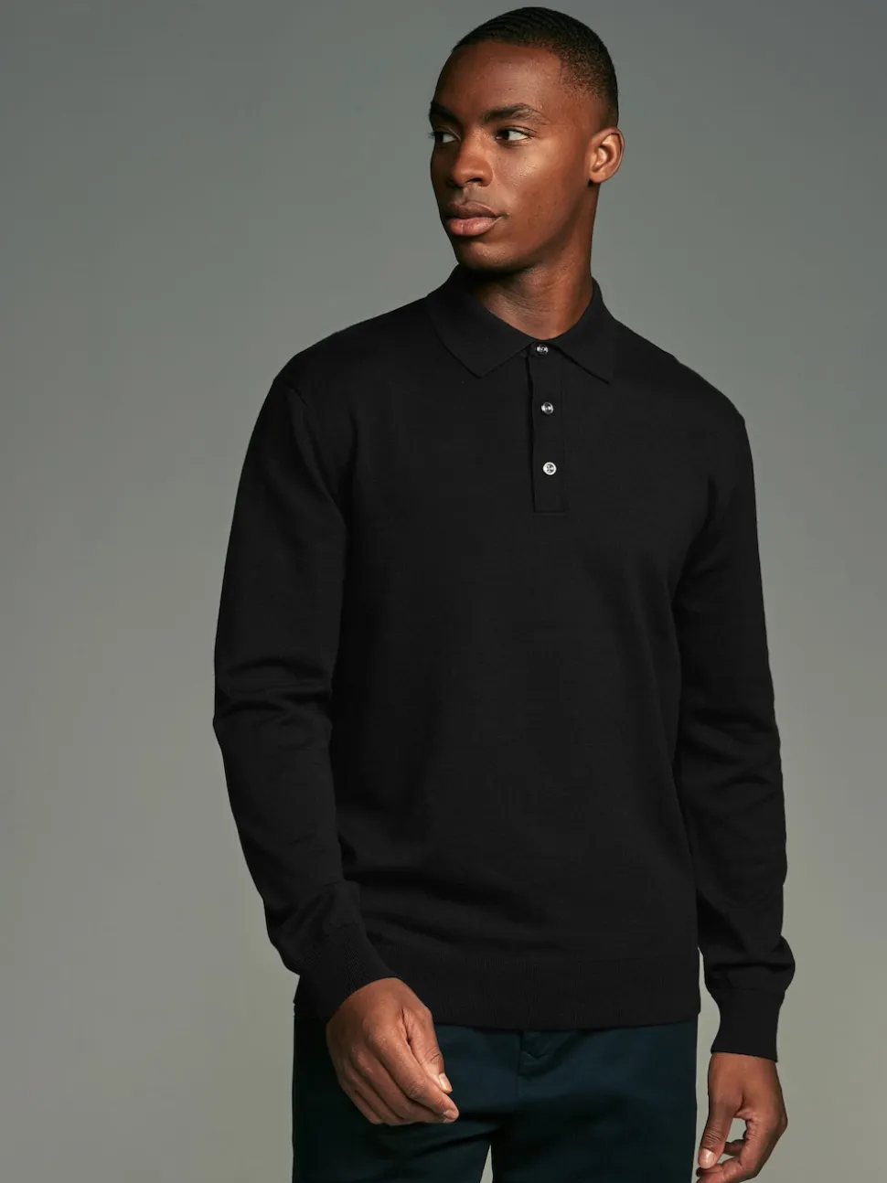 Black/Navy Blue Regular Fit Knitted Long Sleeve Polo Shirts 2 Pack