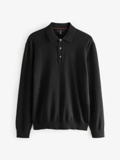 Black/Navy Blue Regular Fit Knitted Long Sleeve Polo Shirts 2 Pack