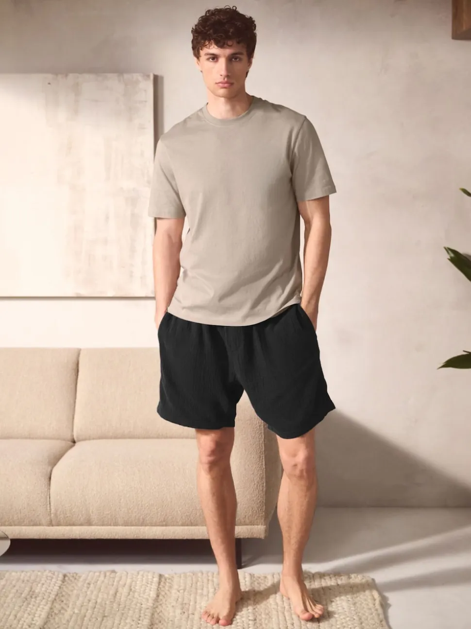 Black/Neutral Brown Short Sleeve T-Shirt With Cheesecloth Texture Shorts