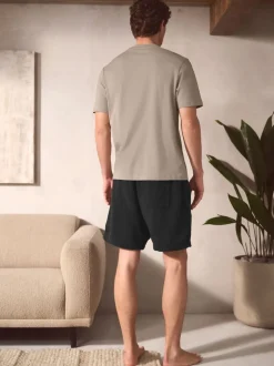 Black/Neutral Brown Short Sleeve T-Shirt With Cheesecloth Texture Shorts