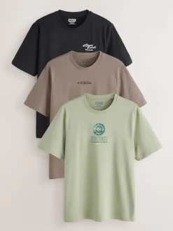 Black/Neutral/Green Regular Fit Graphic Print T-Shirts 3 Pack