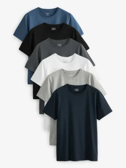 Black/Slate/Grey Marl/White/Navy/Blue Regular Fit Essential Cotton T-Shirts 6 Pack