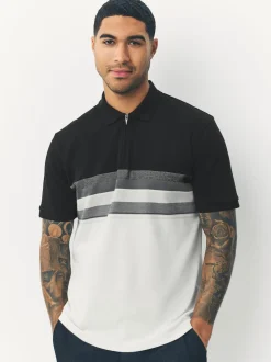 Black/White 100% Cotton Short Sleeve Zip Neck Block Polo Shirt