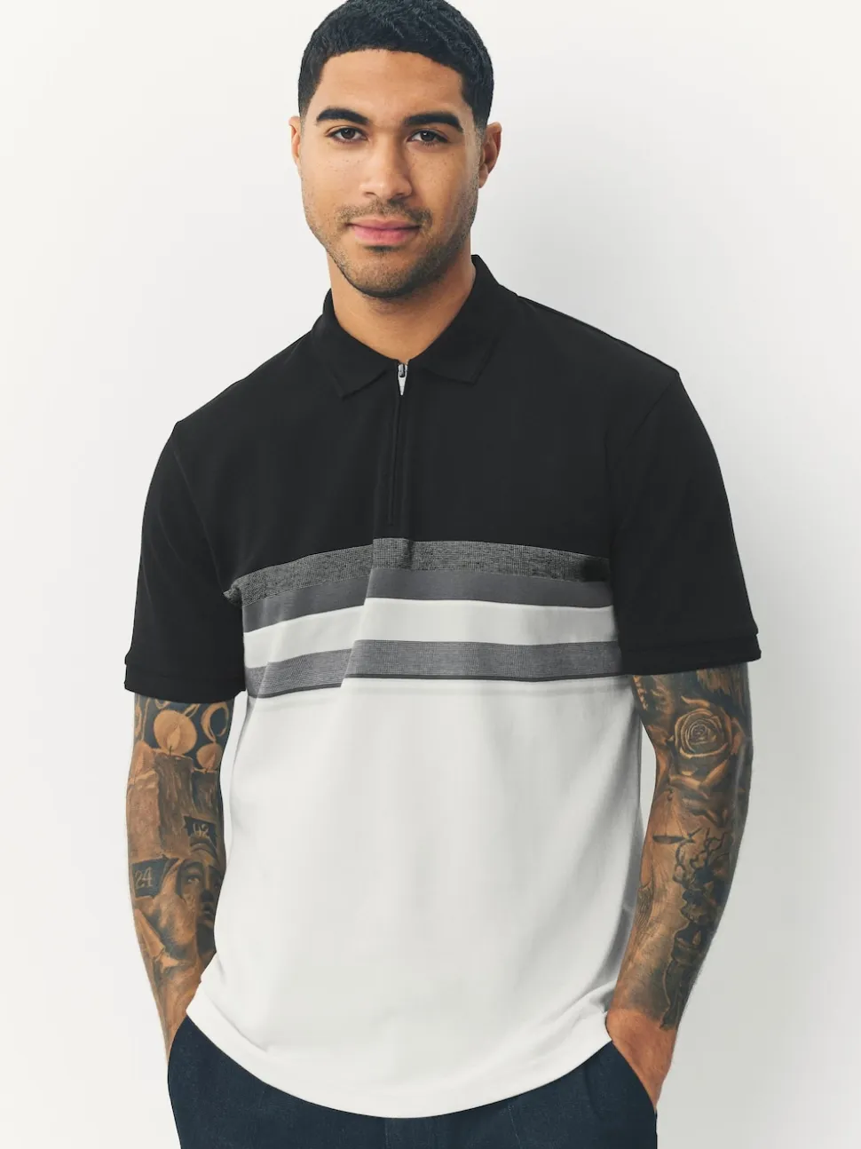 Black/White 100% Cotton Short Sleeve Zip Neck Block Polo Shirt